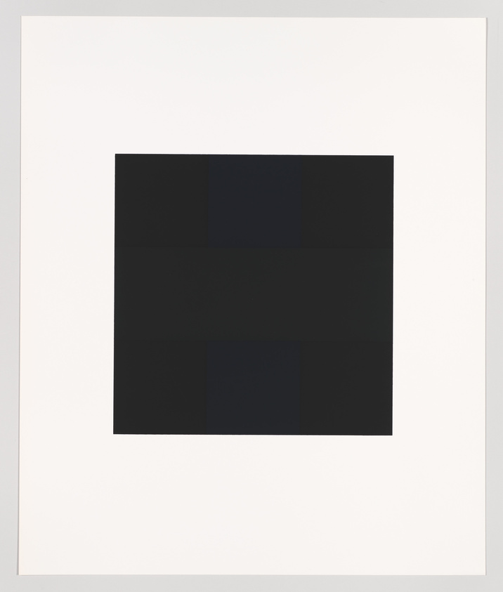 A minimalist artwork featuring a series of dark squares with varying shades of black and blue, centered on a white background with a wide border.