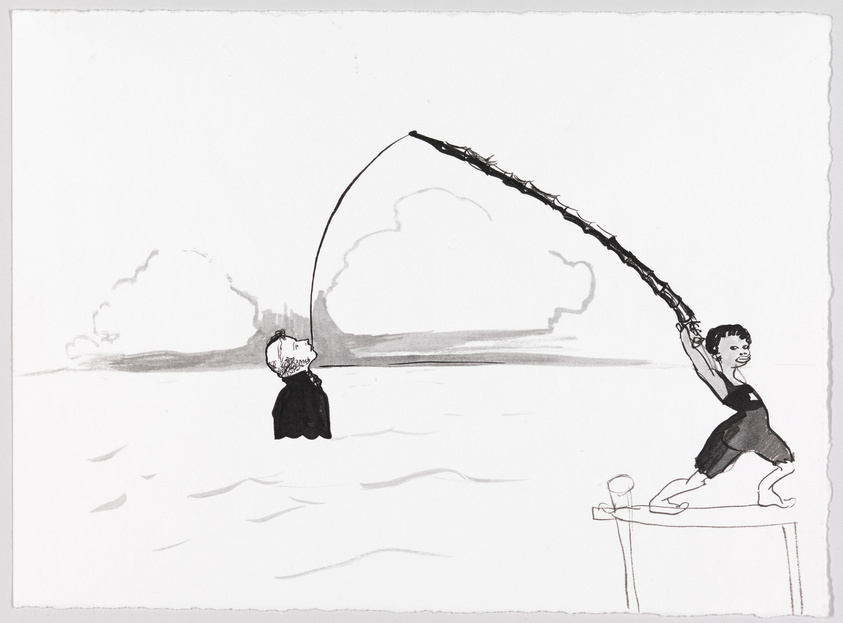 A black and white illustration showing a person fishing from a dock with a very long fishing rod that arches over to a smaller figure standing in the water in the distance. The person on the dock appears animated and excited, while the distant figure seems to be looking up at the fishing line curiously. The background is minimalistic with hints of clouds in the sky.