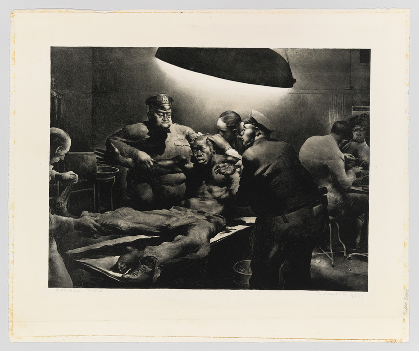 A black and white etching depicting a group of men in a dark, dramatic setting, where a central figure appears to be performing surgery or an examination on a reclining figure. The men are wearing various uniforms, suggesting a military or medical context, and the room is lit by a strong light source from above, casting deep shadows and highlighting the intensity of the scene. The artwork conveys a sense of urgency and focus among the figures.