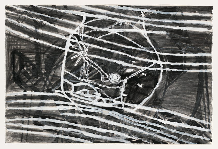A monochromatic abstract drawing with dynamic white lines and shapes over a dark background, creating a sense of tangled web or chaos, with a circular form that could be interpreted as an eye or a focal point in the center.