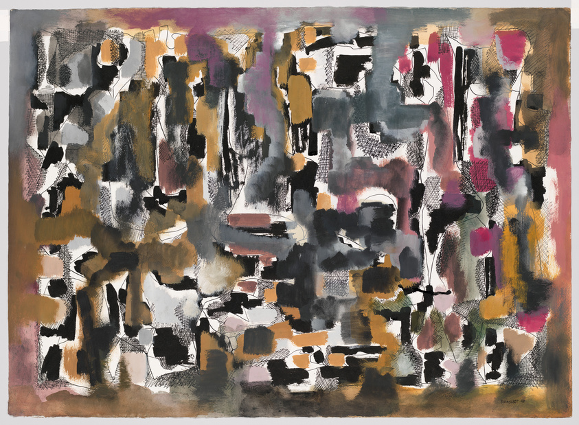 An abstract expressionist painting featuring a complex array of brushstrokes and shapes in a variety of colors including black, white, pink, purple, and brown, with no discernible figures or objects, suggesting a sense of organized chaos.