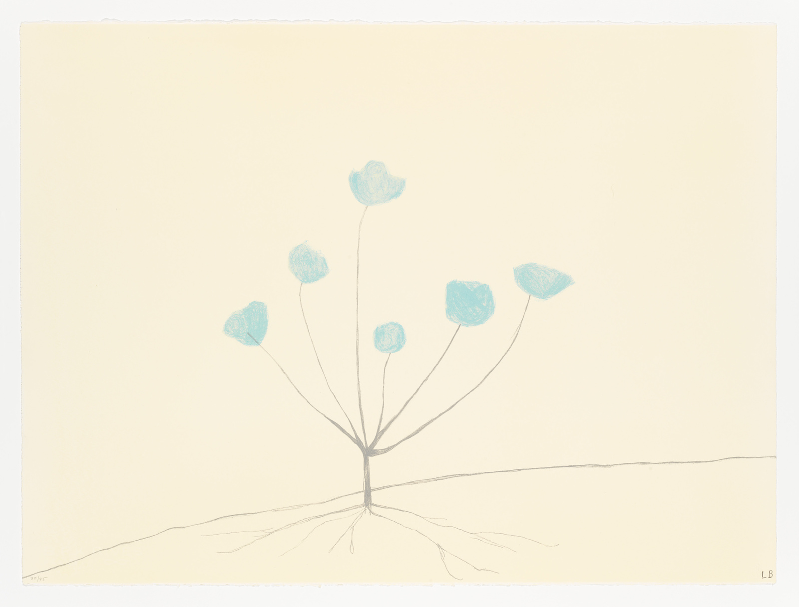 A minimalist artistic representation of a plant with seven light blue flowers on thin stems, set against a pale yellow background. The plant appears to be growing from a simple horizontal line representing the ground, with a few roots extending below. The style is abstract and uses soft colors.
