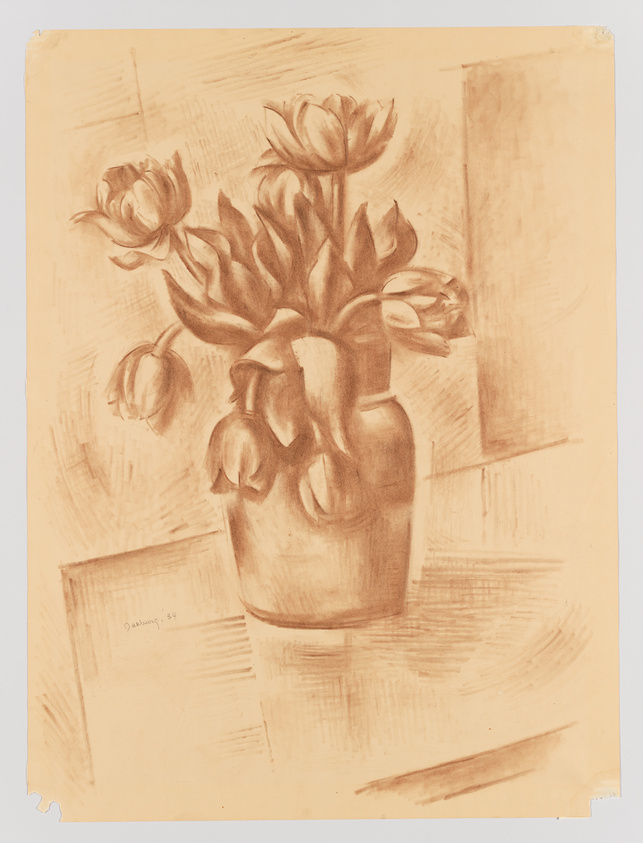 A sepia-toned sketch of a bouquet of tulips in a vase, with the flowers prominently displayed and occupying the upper half of the composition. The drawing is executed with soft shading and contour lines, giving it a three-dimensional appearance. The background features abstract shapes and lines, suggesting a tabletop or flat surface. The artist's signature and the year '87 are visible in the lower left corner. The paper has slightly frayed edges, adding to the artwork's vintage feel.