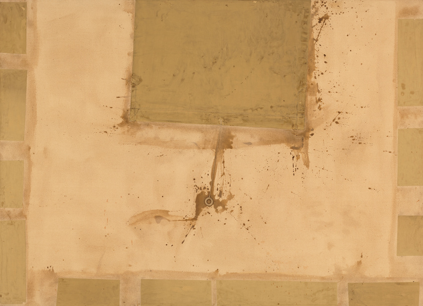 Aerial view of agricultural fields with varying shades of brown and beige, showing a large central field surrounded by smaller plots, with some dark spots and streaks indicating water or wet areas.