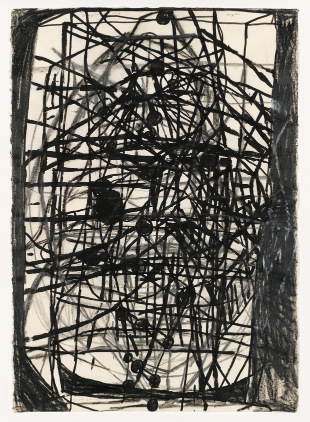 An abstract black and white drawing featuring a dense network of black lines and scribbles that create a chaotic, web-like pattern on a white background. Some areas are shaded more heavily, creating a sense of depth and texture.