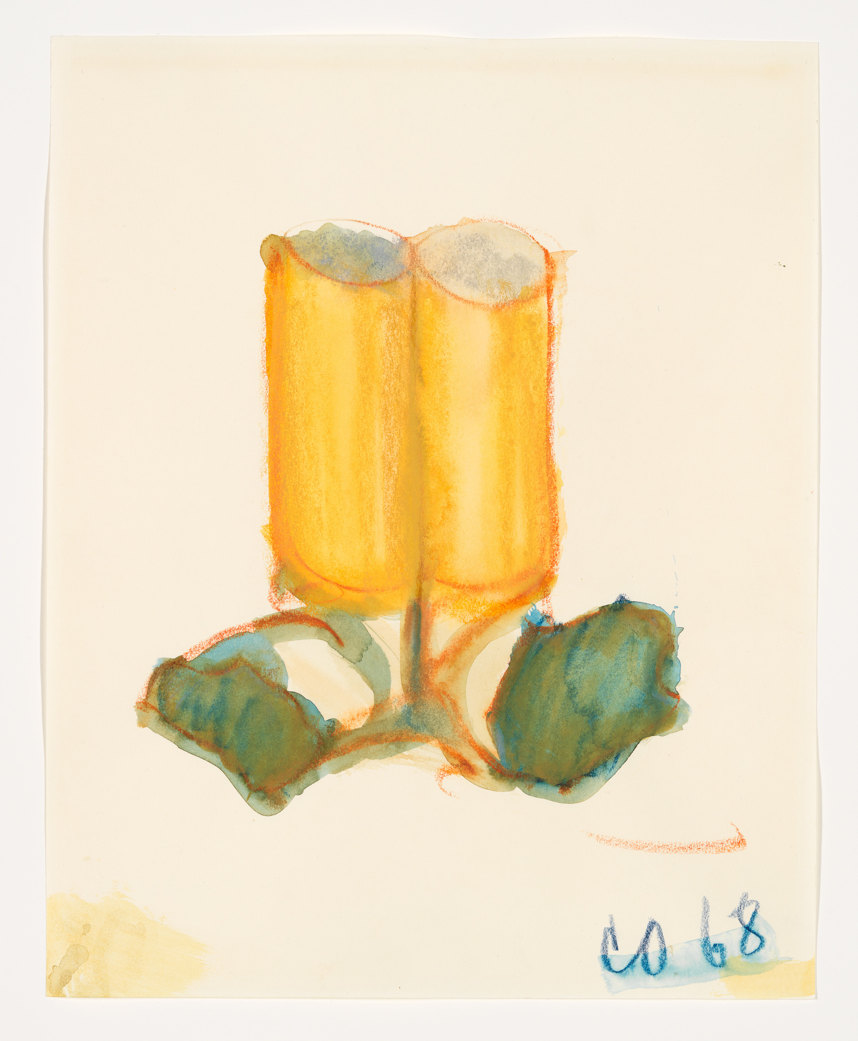 Abstract painting of two yellow cylinders with green shapes below, marked with "10 68" in blue.