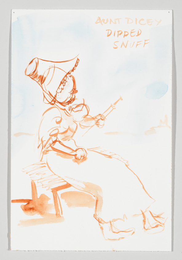 A sketch of a figure wearing a large bonnet and a dress, sitting on a bench with one arm extended as if holding something. The text "AUNT DICEY DIPPED SNUFF" is written at the top in orange. The drawing is done in a loose, expressive style with orange lines on a white background.