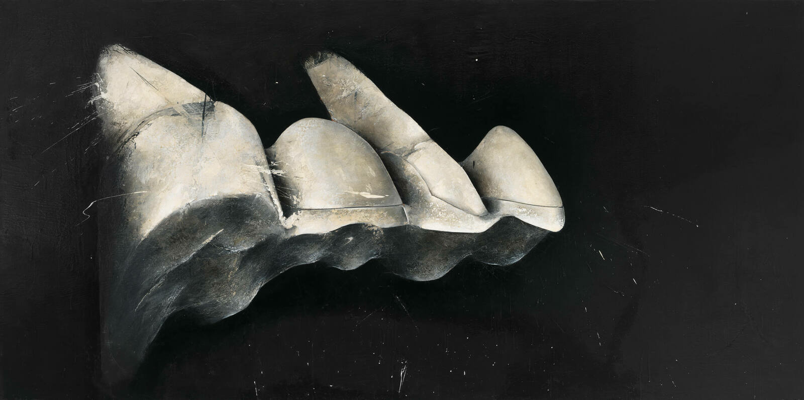 A monochromatic artwork depicting an abstract form resembling a mountain range, with highlights and shadows creating a sense of depth against a dark background.