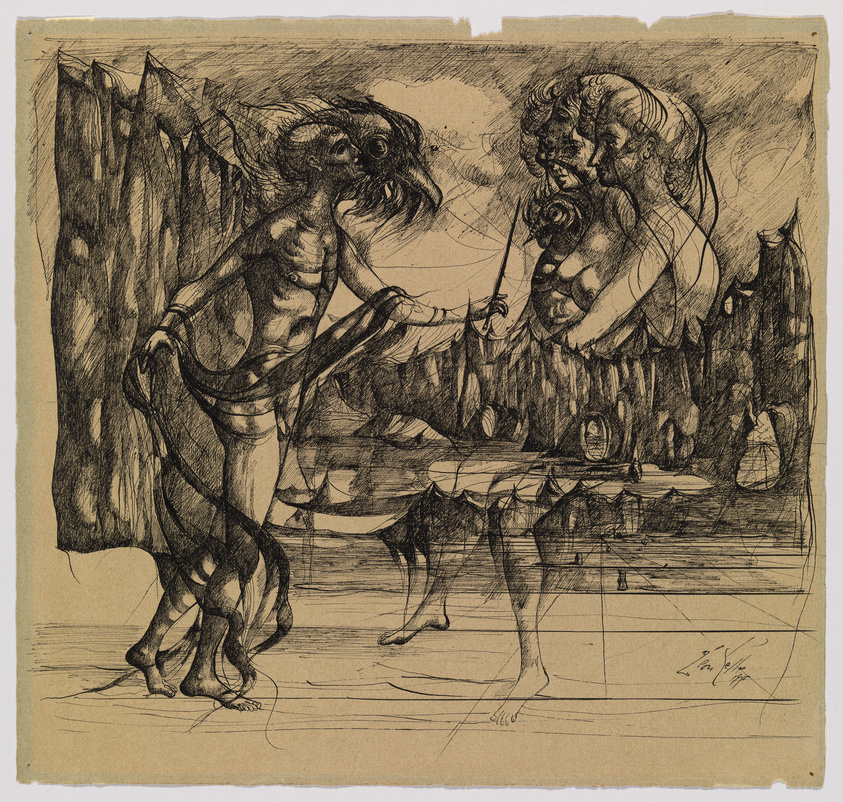 An etching depicting a fantastical scene with two grotesque figures, one brandishing a whip and the other holding a sword, engaged in a tense confrontation. The figures appear to be in a dark, cavernous space with eerie details and a sense of movement conveyed through dynamic, expressive lines.