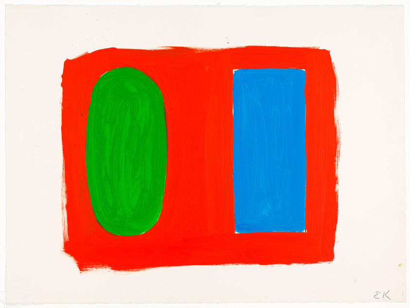 A vibrant abstract painting featuring a large red rectangle with a green oval on the left and a blue rectangle on the right, all painted with broad brushstrokes on a white background. The artist's initials are in the bottom right corner.