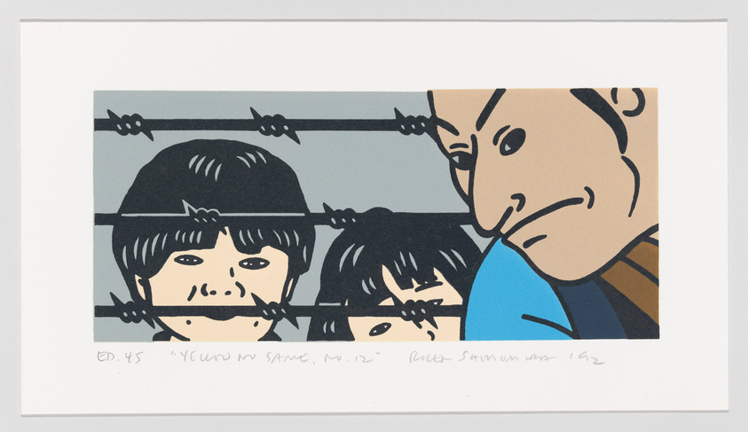 A print depicting three stylized faces behind barbed wire, with the central figure in the foreground looking to the right, and two partially obscured faces in the background looking forward. The artwork features a limited color palette and bold outlines, reminiscent of a graphic novel style. There is text at the bottom indicating the edition number, title, and artist's signature with the year 1962.