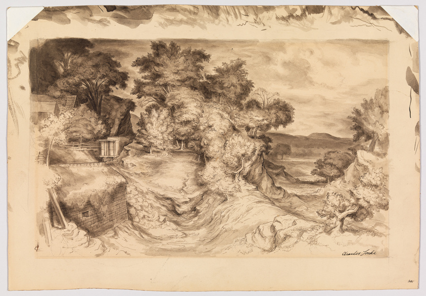 A sepia-toned landscape drawing featuring a variety of trees with dense foliage on a rugged terrain. A small building with a classical facade is nestled among the trees on the left, and a pathway or riverbed winds through the center, leading to a distant view of a calm body of water and mountains under a cloudy sky. The artwork is signed "Claude Lorrain" in the lower right corner. The paper shows signs of age with creases and slight tears around the edges.