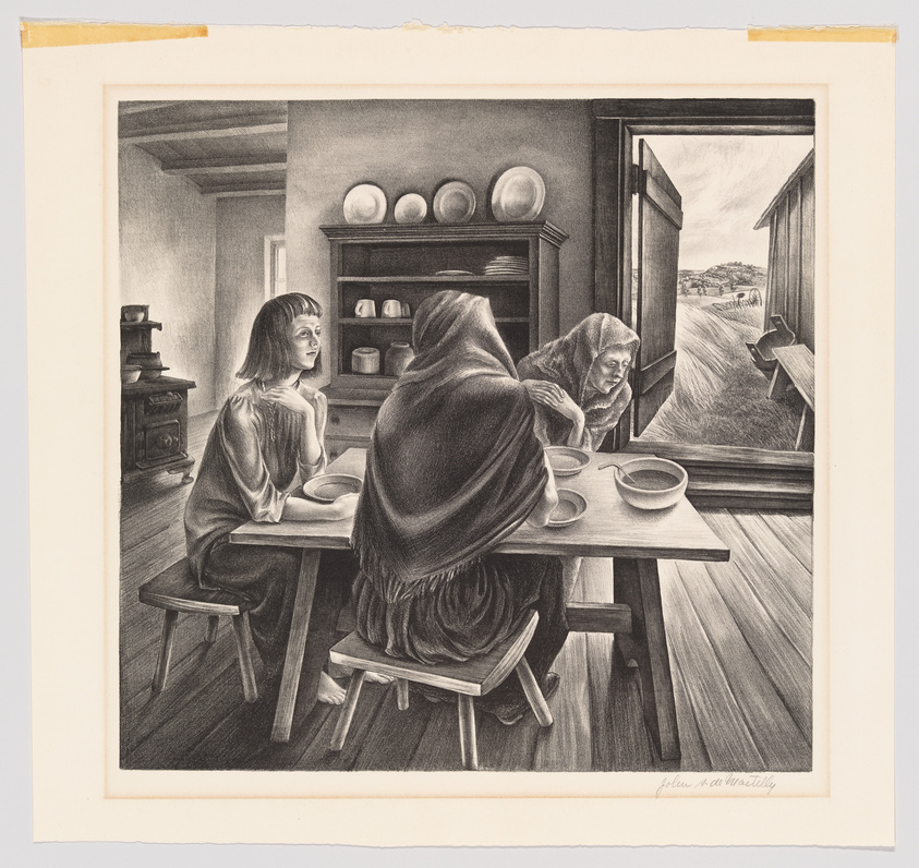A black and white illustration depicting three people seated at a wooden table with bowls, seemingly in a conversation. Two individuals face each other, one with a visible, contemplative expression, while the third person is turned towards an open window, looking outside at a rural landscape. The interior includes a shelf with dishes and a stove, suggesting a simple, rustic setting. The artwork is signed by the artist in the lower right corner.