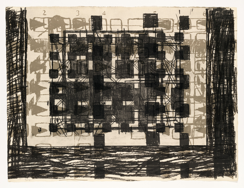 An abstract monochromatic print featuring a complex array of overlapping geometric shapes and lines, creating a dense, grid-like pattern. The composition is bordered by heavy, dark vertical lines on the sides, with numbers 2 through 6 printed along the top edge. The background has lighter, more transparent shapes that contribute to the layered texture of the artwork.