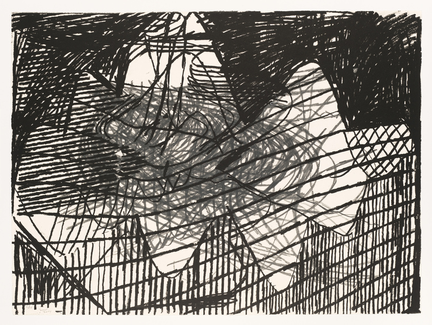 A black and white abstract etching with dense, overlapping lines and crosshatching creating a chaotic and textured composition.
