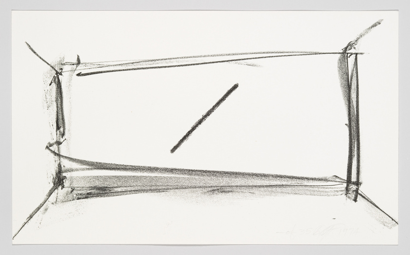 A minimalist black and white sketch featuring abstract lines and shapes that suggest a rough rectangular frame, with a signature and date at the bottom right corner.