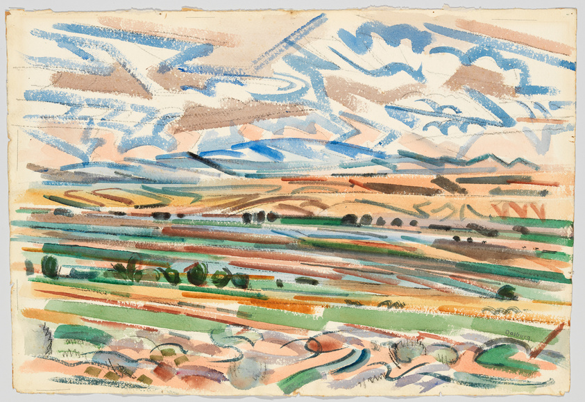 Watercolor painting depicting an abstract landscape with layered, colorful stripes representing fields and hills under a dynamic sky filled with swirling blue and beige shapes suggestive of clouds. The brushwork is loose and expressive, conveying a sense of movement and vitality within the natural scene.
