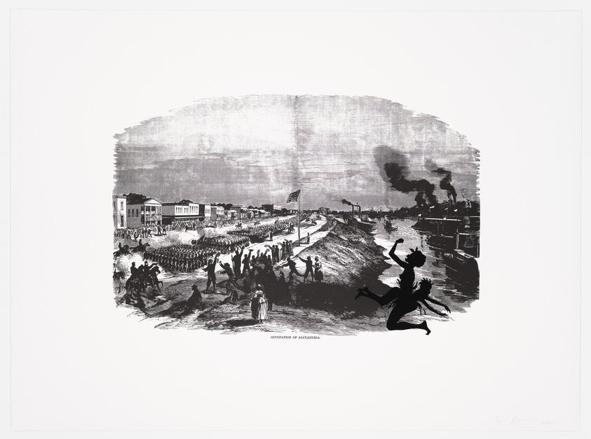 A black and white print depicting the historical scene of the "Occupation of Alexandria" with a large crowd of people and buildings in the background. In the foreground, there is a silhouette of a figure that appears to be jumping or dancing. Smoke rises in the distance, suggesting industrial activity or conflict. The image has a rough, unfinished edge on the left side, and there is a signature and date in the bottom right corner indicating the artwork was created in 2001.