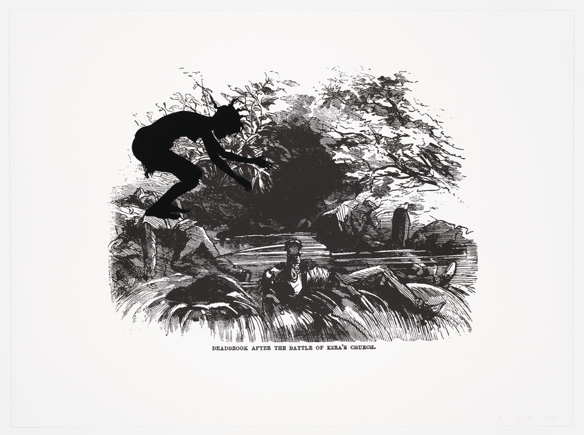A black and white illustration titled "Deadbrook after the Battle of Ezra's Church." It depicts a silhouetted figure crouching on a branch in the foreground, with a desolate battlefield scene below. There are fallen soldiers and broken fences amidst the trees, conveying a somber post-battle atmosphere.