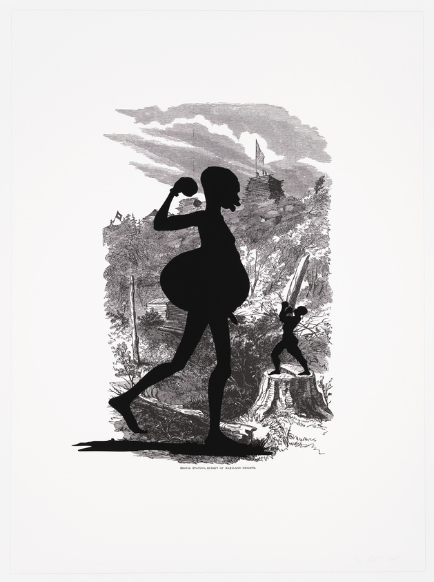 Black and white artwork featuring a silhouette of a pregnant woman in profile holding an apple to her face, with a smaller silhouette of a man with a sword standing on a tree stump. The background includes a cloud-like texture and faint outlines of buildings on a hill. There is text at the bottom of the image.