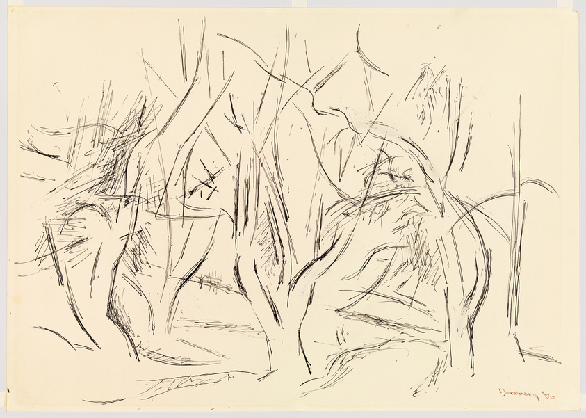 A sketch on paper featuring a series of abstract, loosely drawn lines and shapes that suggest a forest or a group of trees. The drawing is executed with a sense of movement and fluidity, using black ink. The artist's signature and the year '50 are visible in the lower right corner.