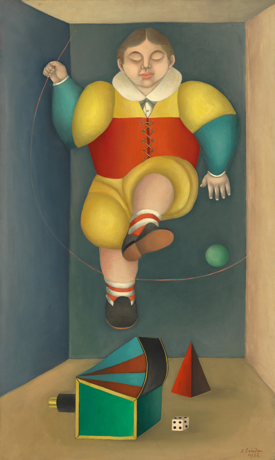 A whimsical painting depicting a floating figure dressed in a colorful, puffy costume with a red torso, yellow shorts, and green and blue sleeves. The figure's eyes are closed, and it appears to be serenely balancing on a tightrope. Below the figure are scattered geometric toys—a green, blue, and brown drum, a red cone, and a white die—on a tan floor against a greyish-blue background. The painting has a dreamlike, surreal quality.
