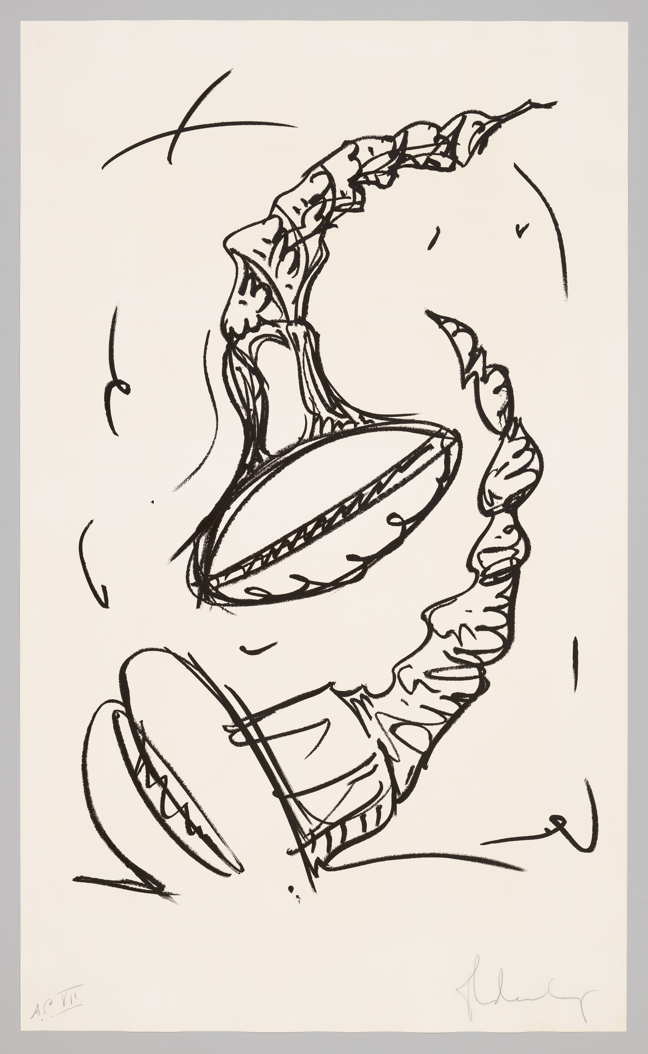 A sketch of two conjoined saxophones with a whimsical, abstract design on a white background, signed and dated by the artist.