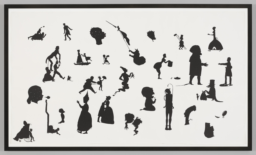 A collection of various black silhouettes against a white background, depicting an assortment of characters and scenes including animals, people in different poses, and objects. The figures range from a person riding a horse, individuals playing musical instruments, to whimsical characters like a person with an umbrella and a figure wearing a top hat. The arrangement is eclectic and seems to tell multiple stories.