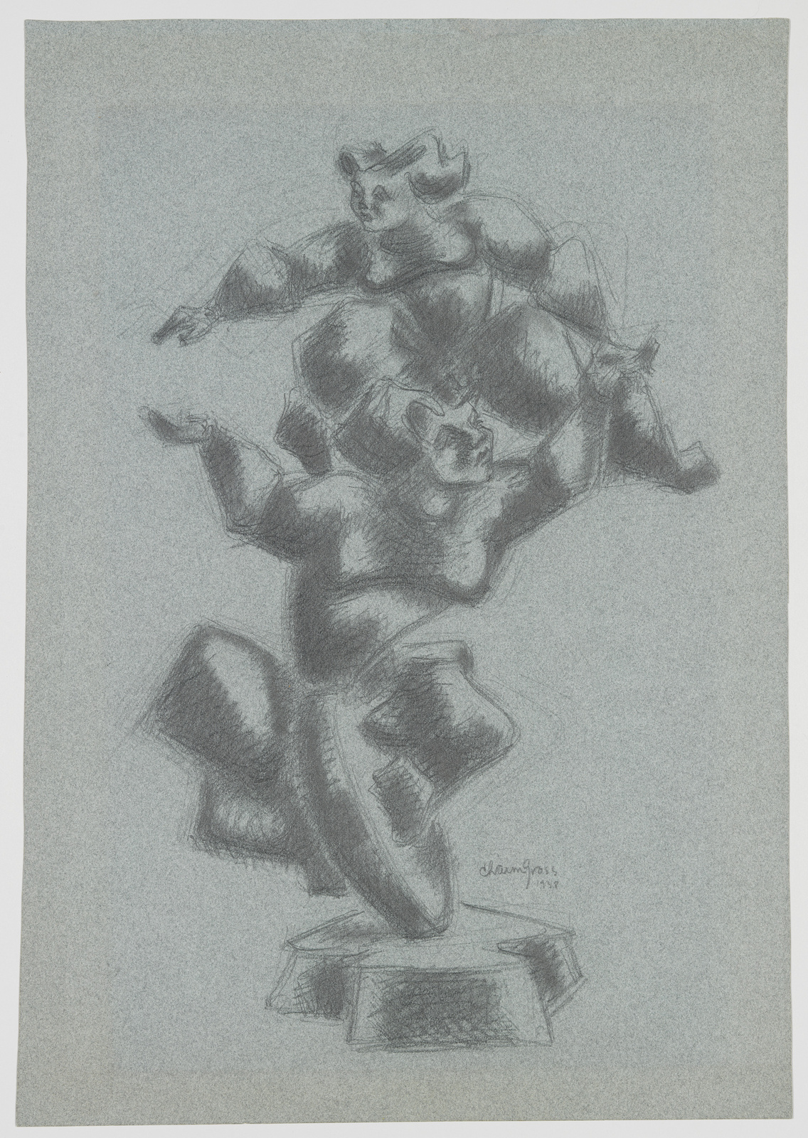 Pencil sketch of a dynamic, abstract figure composed of overlapping forms and shapes, suggesting movement, on a textured paper background. The artist's signature and the year 1981 are visible at the bottom right.