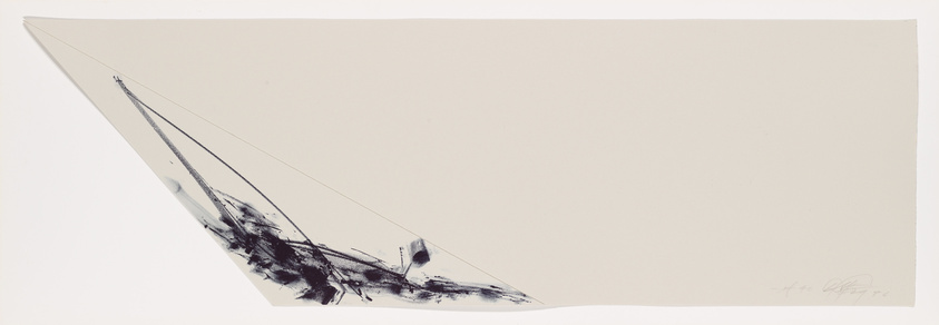 A minimalist artistic print featuring a single black ink streak that creates an abstract impression of a sailboat on a vast, blank background, with the artist's signature at the bottom right corner.