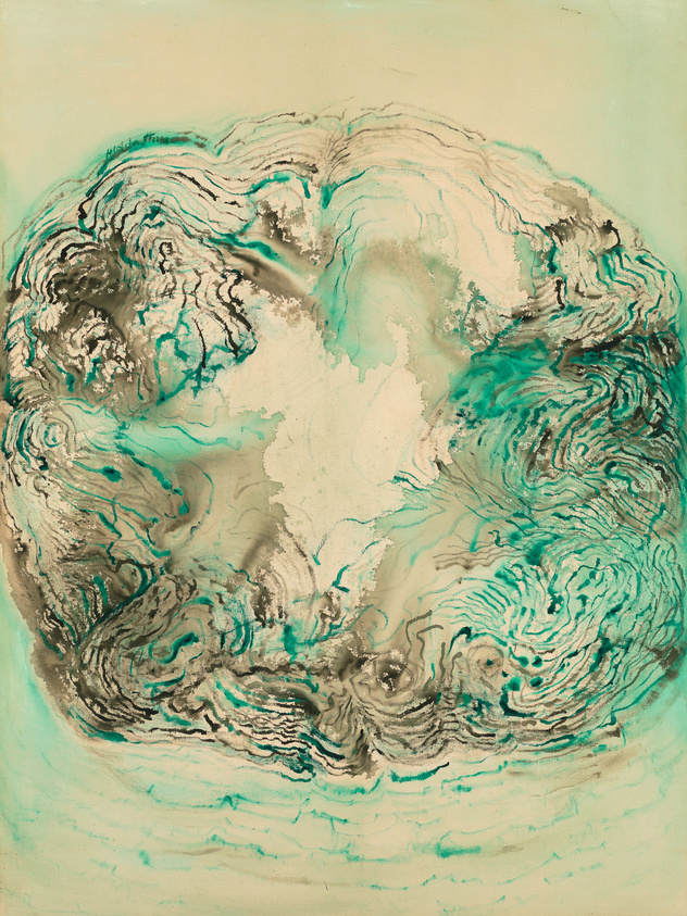 Abstract marbled pattern in turquoise and beige resembling a topographical map.