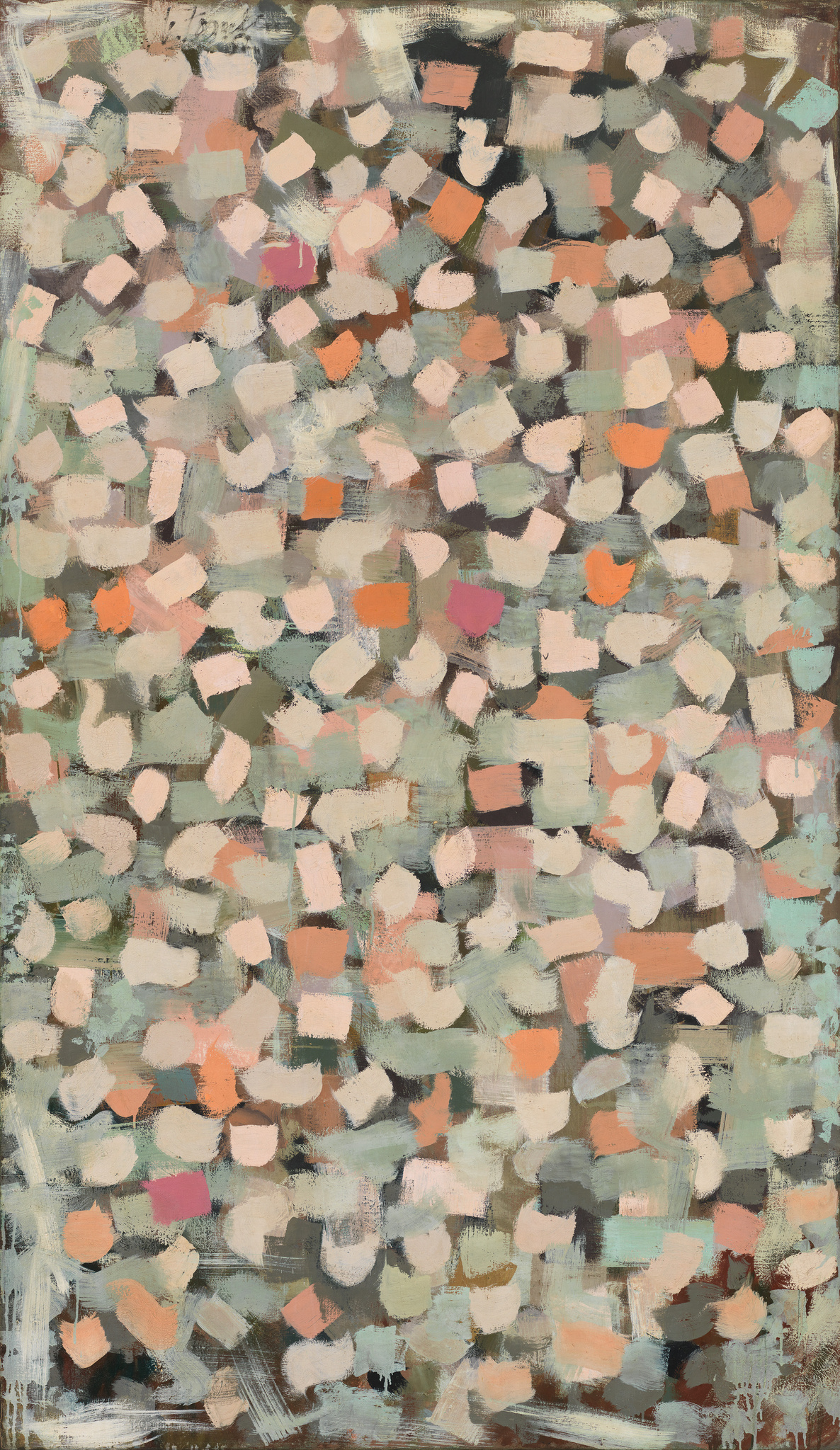 Abstract painting featuring a mosaic of brushstrokes in muted tones of peach, pink, green, and gray, creating a textured and layered appearance.