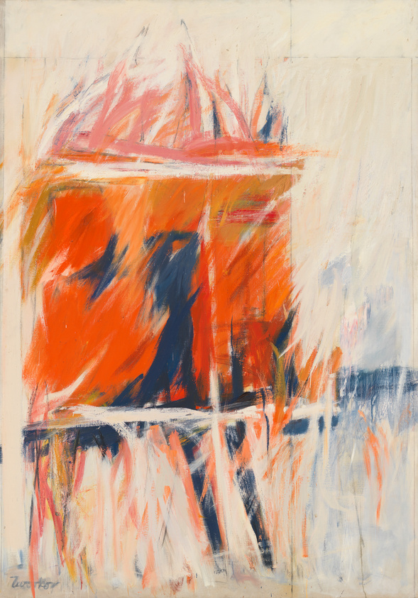 Abstract expressionist painting with vibrant orange and red strokes over a pale background, signed by Zao Wou-Ki.
