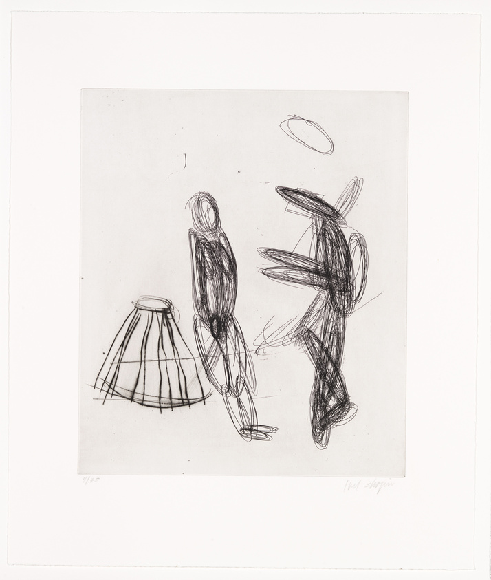 A black and white etching featuring abstract, sketch-like figures that appear to be in motion, with a prominent shuttlecock-like object on the left side of the composition. The artwork is signed and numbered at the bottom.