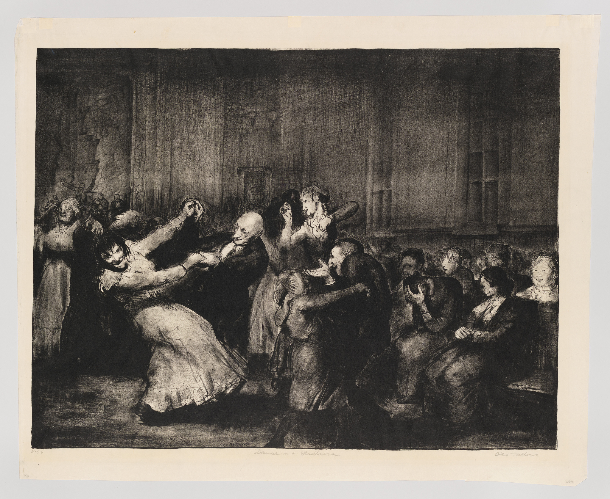 A monochrome etching depicting a lively scene with multiple figures, possibly at a dance or social gathering. In the foreground, a woman in a flowing dress is dancing energetically with a bald man, both appearing to be in motion. Other figures in the background are engaged in conversation or watching the dance, with expressions ranging from amusement to indifference. The setting suggests an indoor space with a window and curtains on the right side, and the artwork has a dynamic, sketch-like quality.