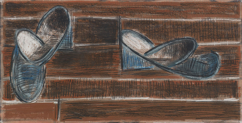 Two pairs of slippers on a wooden floor, drawn with bold lines and muted colors.