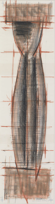 Abstract drawing with vertical, elongated shape in black and brown tones, surrounded by sketchy lines.