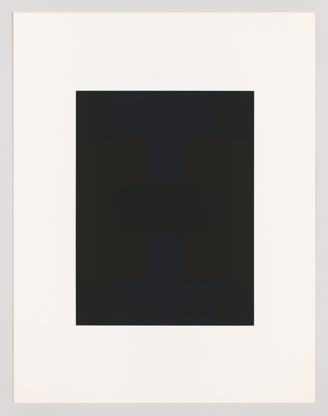 A minimalist artwork featuring a large square composed of several shades of dark blue, creating a subtle geometric pattern, centered on a white background with a wide border.
