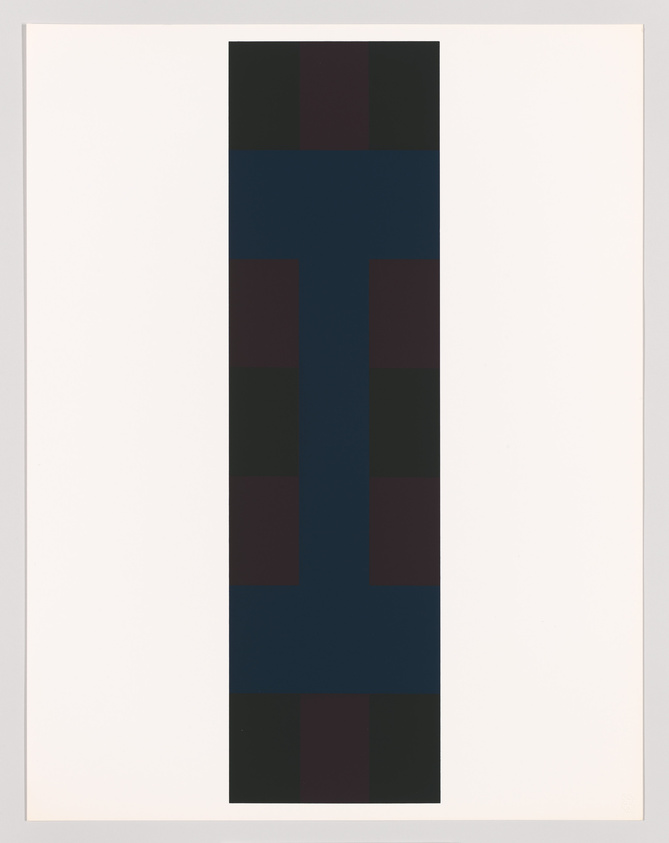 A minimalist abstract artwork featuring a vertical rectangular column with a symmetrical cross-like design in dark blue and maroon, centered on a white background.