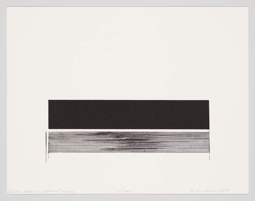 Minimalist black and white print with two horizontal blocks, one solid black and one with fine lines, on a white background.