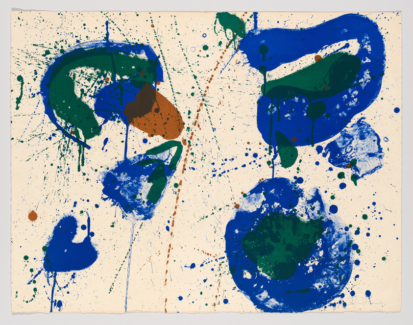Abstract expressionist painting featuring splatters and large, irregular shapes in blue, green, and brown on an off-white canvas. The composition is dynamic, with drips and splashes suggesting movement and spontaneity.