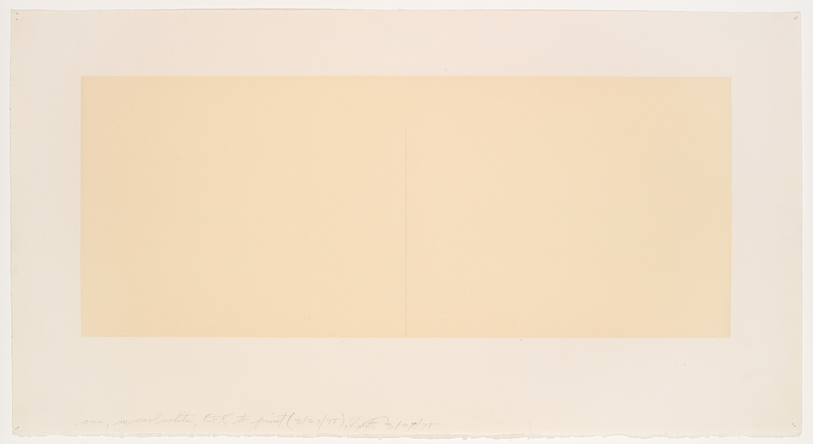 A minimalist artwork featuring a large, rectangular, beige-colored paper with a vertical crease down the center, mounted on a slightly larger white paper. There is handwritten text and signatures at the bottom edge of the white mounting paper.