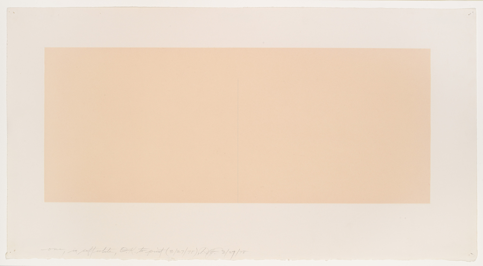 A minimalist artwork featuring a large, rectangular, peach-colored field centered on an off-white paper background. A faint vertical line divides the peach field slightly off-center. Handwritten text and numbers, possibly a signature and date, are visible along the bottom edge of the paper.