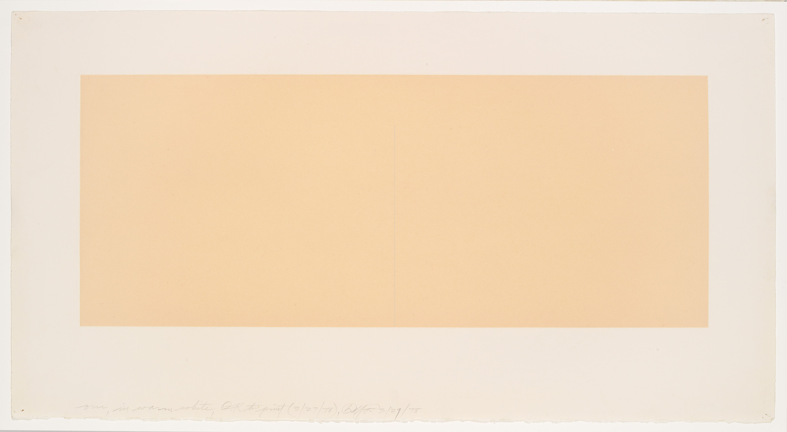 A minimalist artwork consisting of a large, plain beige rectangle centered on a white background. There is handwritten text and a signature at the bottom edge of the white border.