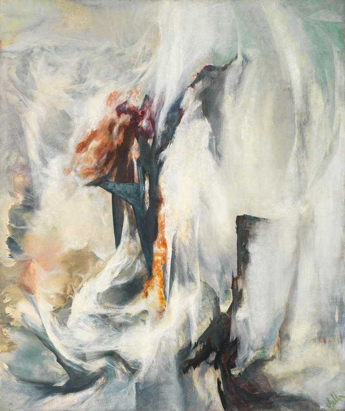 An abstract painting featuring a dynamic blend of swirling colors and shapes, with prominent white and gray tones accented by bursts of orange and brown. The composition suggests movement and energy, with brushstrokes that create a sense of chaos and fluidity.