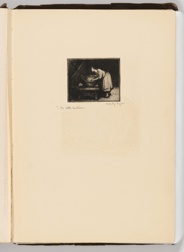 A vintage etching or print titled "The Little Scullion," depicting a young person bent over, washing or preparing food in a large basin or tub on a table. The image is dark with high contrast, highlighting the figure against a mostly black background. The print is mounted on a page of a book or album with visible binding on the left edge. Handwritten text below the image includes the title and "Engr. by H. Macbeth."