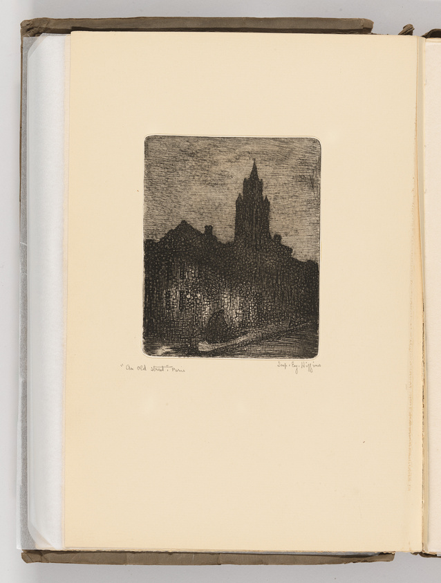An etching of a dark, shadowy cityscape with a prominent church spire, titled "An Old Street + Prints," signed by the artist, displayed on a beige paper page with protective tissue overlay, part of a bound collection.