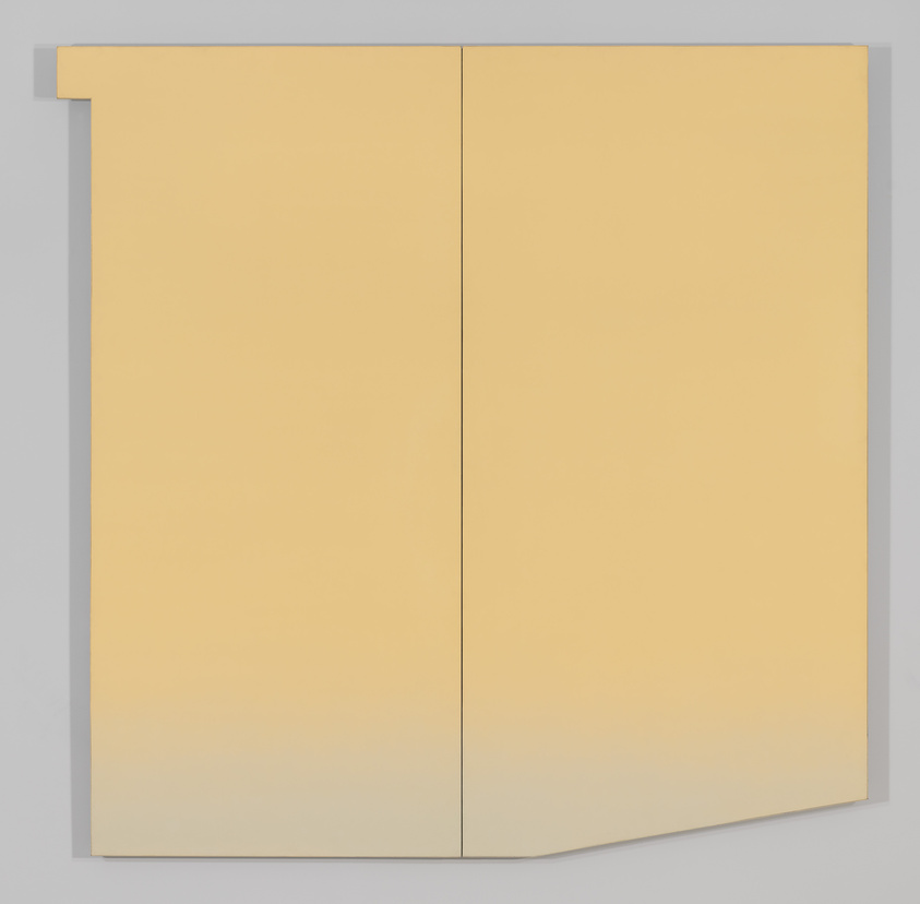 Minimalist artwork of two yellow panels forming a corner on a gray background.