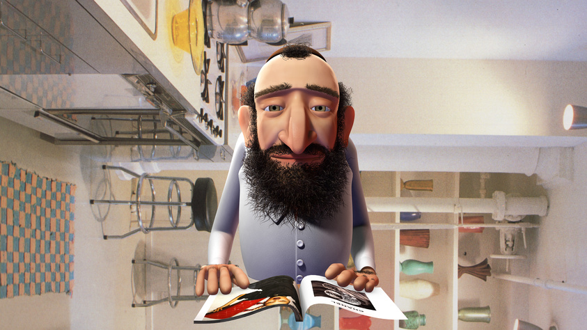 3D animated character with a beard reading a cookbook in a kitchen.