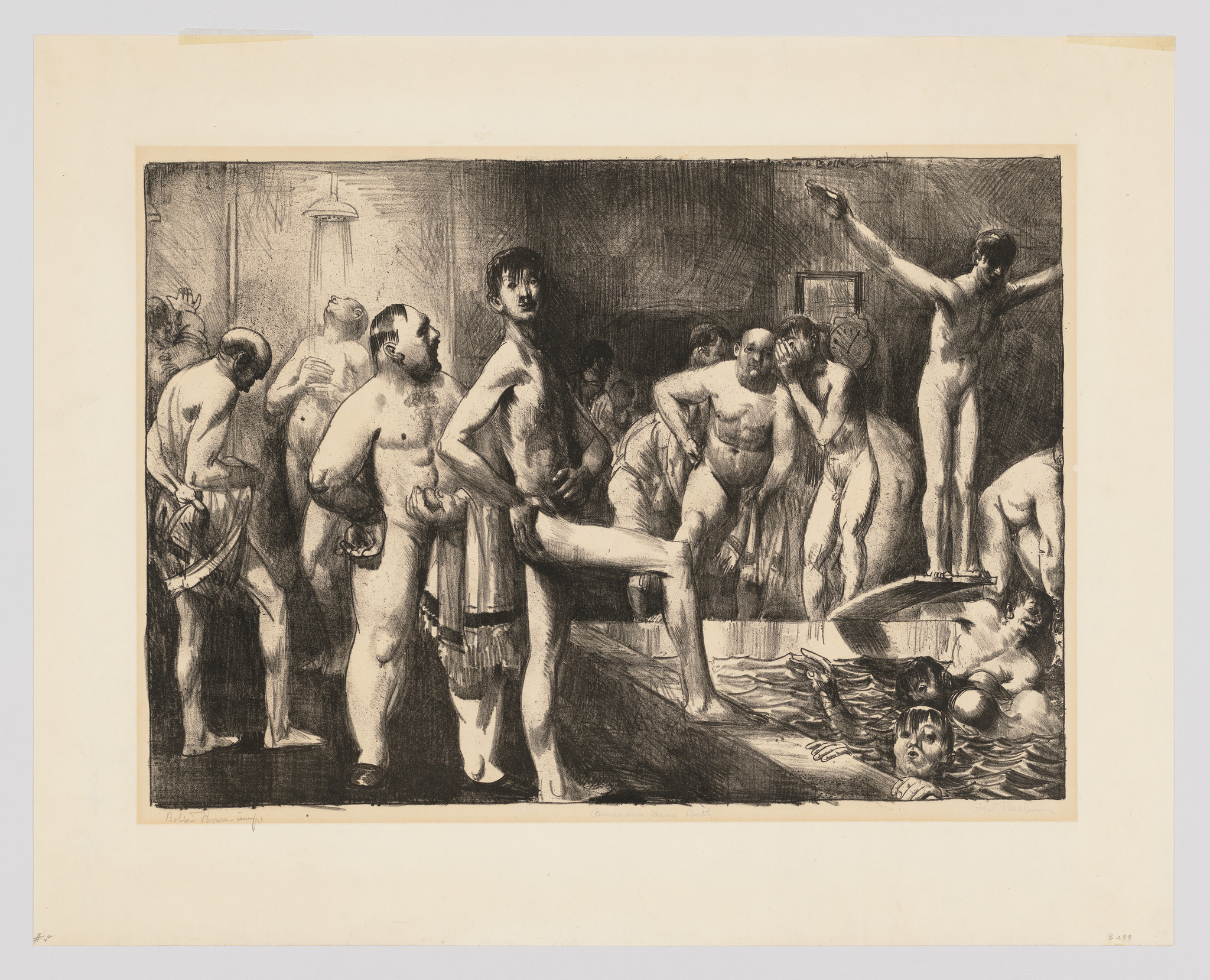 A detailed etching depicting a group of male figures in various poses, some standing, others in motion, within a dark, crowded space that suggests a bathhouse or locker room. The central figure stands out with a towel draped over his shoulder, looking directly at the viewer. In the background, a figure is showering, while to the right, a man gestures dramatically. In the foreground, a figure is swimming in water, reaching out towards the edge. The artwork is rich in contrast and texture, conveying a sense of movement and vitality among the figures.